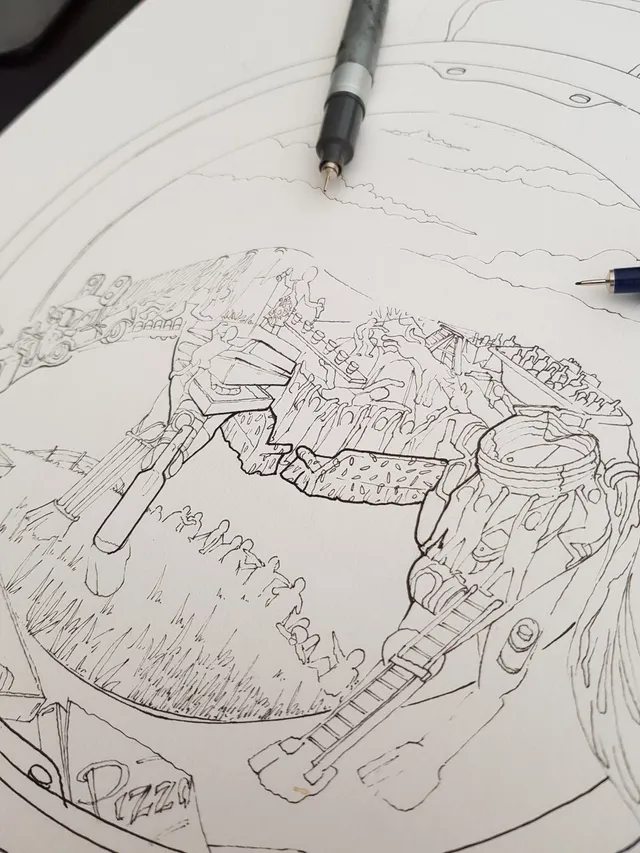 Intricate ink drawing in progress with resting pens, depicting a surreal mechanical horse and tiny figures
