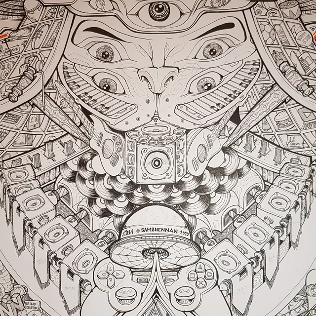 Detailed ink illustration of a multi-eyed symmetrical face intertwined with speakers, keyboards and game controllers