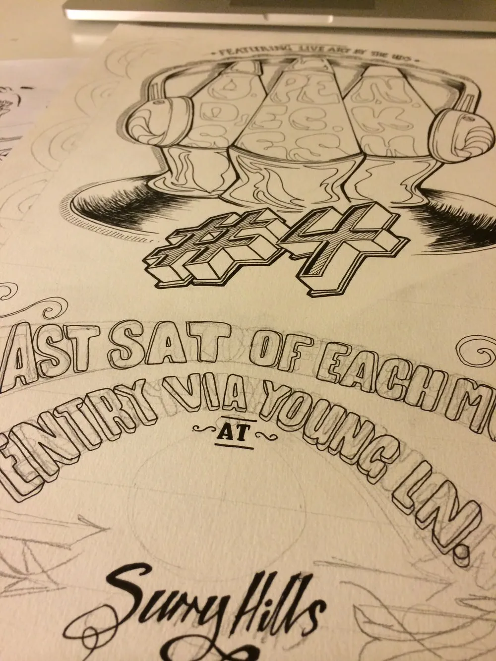 Ink and pencil poster sketch with three lava lamps wearing headphones on a vinyl record above 3D block lettering