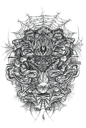 Black and white ink drawing of a symmetrical face made of interlocking eyes, organic patterns and spiderwebs