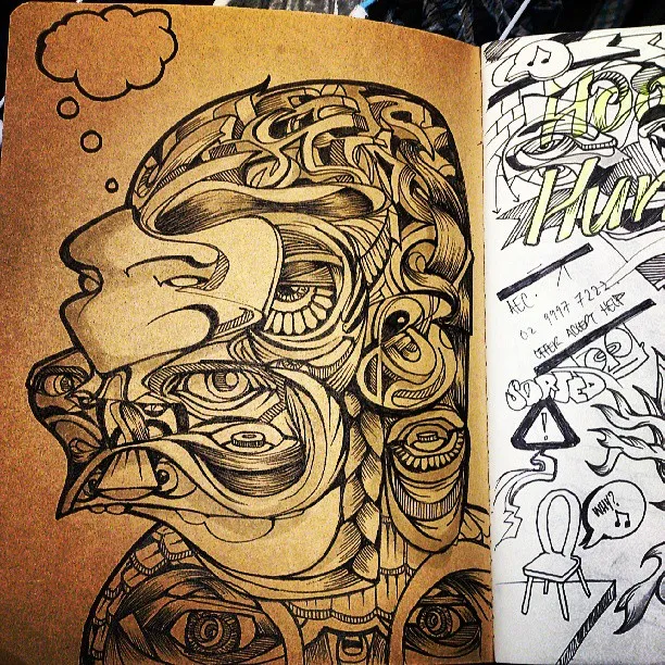 Sketchbook ink drawing on brown paper of a psychedelic profile face made of interwoven bold lines and multiple eyes