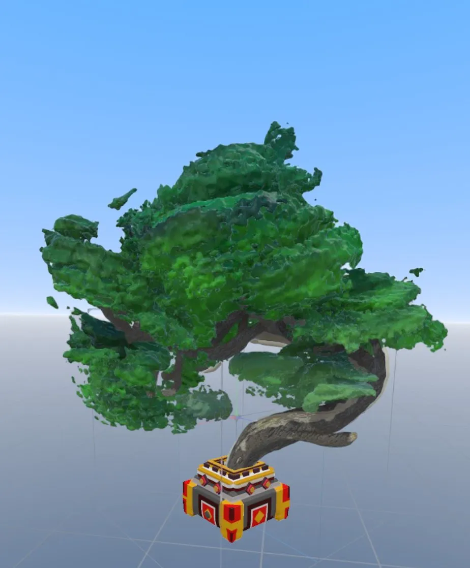 3D render of a stylized bonsai tree with thick green foliage in a geometric red and yellow pot