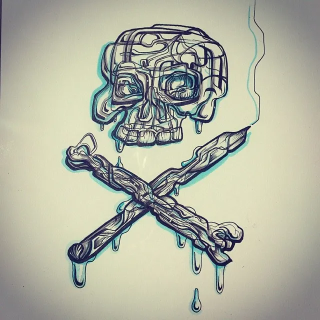 Ink drawing of a melting skull over a crossed bone and smoking pencil, with bold linework and light blue highlights