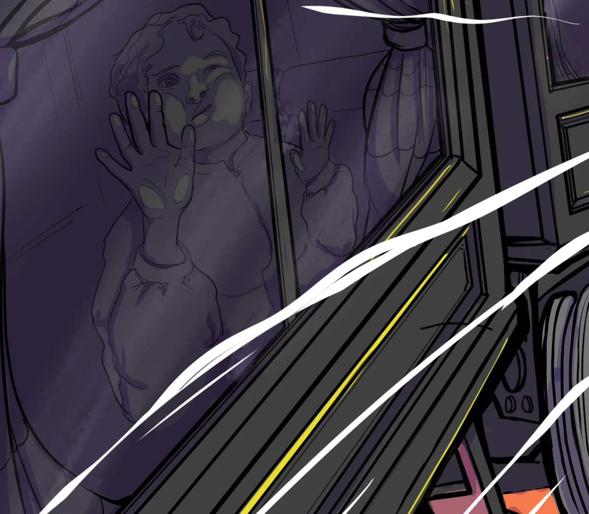 Illustration of a person flattening their face and hands against a dark window crossed by white speed lines