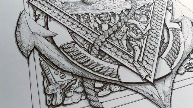 Detailed close up of inked poster drawing with copic shading
