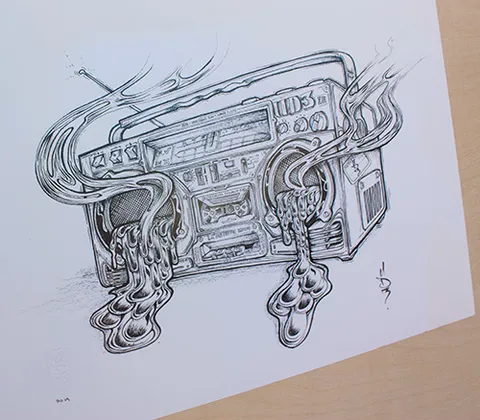 Black and white ink drawing of a retro boombox with thick, viscous liquid oozing from its speakers