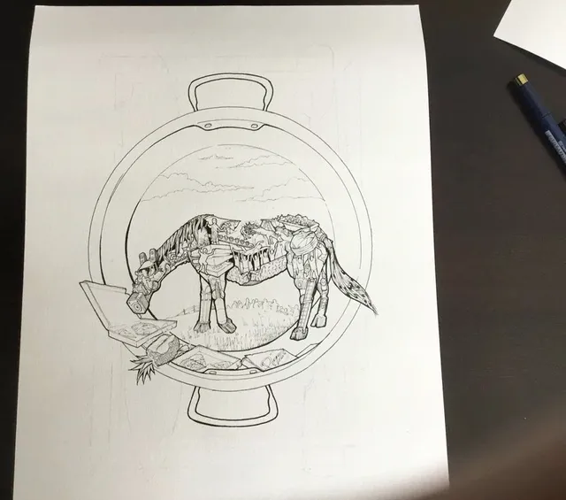 Black ink drawing of a surreal, intricate horse inside a circular pot frame with a pizza box and pineapple