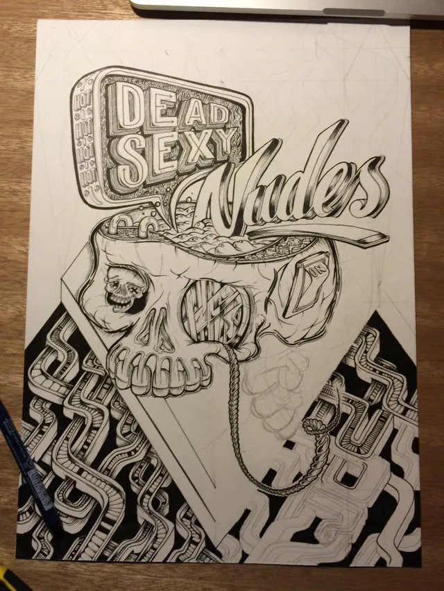 Ink drawing of a surreal open-topped skull and typography reading DEAD SEXY Nudes over a geometric ribbon background