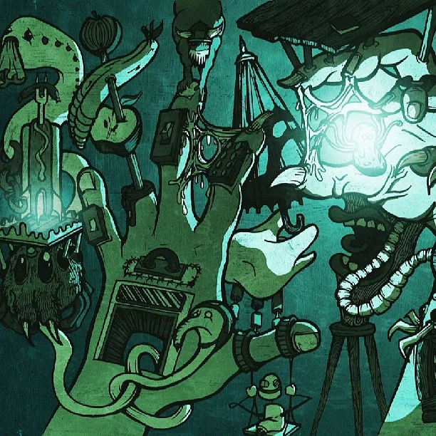 Surreal green illustration of a giant hand with a doorway in its palm, surrounded by bizarre objects and a glowing face