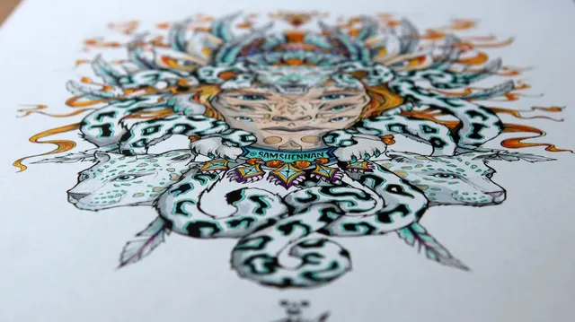 Ink drawing on paper of a symmetrical, multi-eyed shaman face intertwined with totemic snow leopards