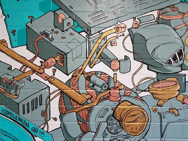 Brick wall mural showing an exploded diagram of espresso machine components, including a pressure gauge and copper pipes