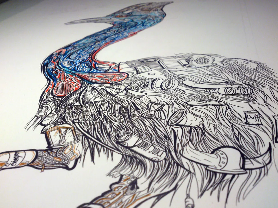 Intricate ink drawing of a cassowary formed from trash and everyday objects, with a vibrant blue and red neck