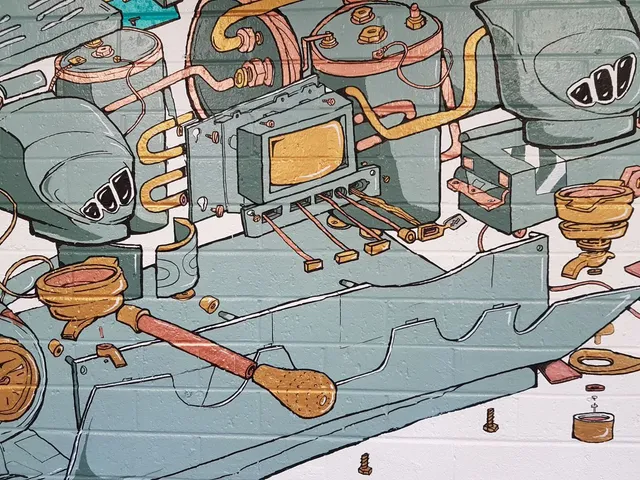 Detail of a mural on a brick wall showing an exploded view of an espresso machine with pipes and a portafilter