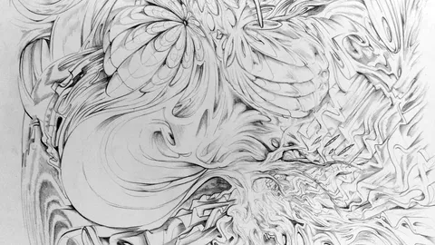 Black and white drawing of psychedelic swirling organic forms and intricate geometric patterns