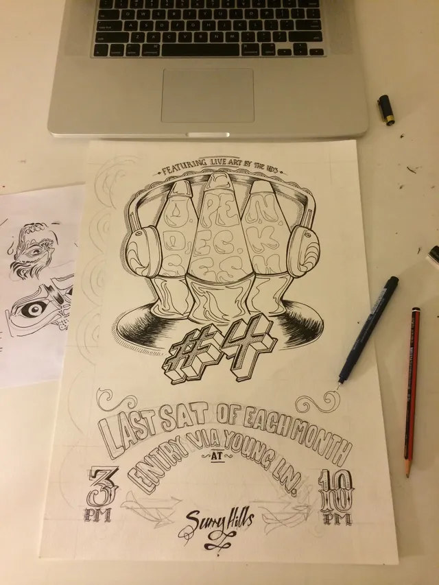 Hand-drawn ink poster sketch on a desk featuring lava lamps, headphones, and hand-lettered text