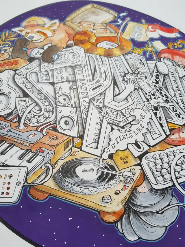 Circular illustration of block lettering surrounded by a turntable, synthesizer, red panda and pizza box