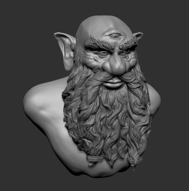 Digital 3D sculpt of a dwarf bust featuring a long wavy beard, pointed ears, and a third eye on its forehead