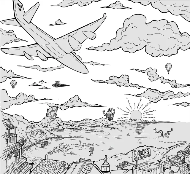 Black and white line illustration of a surreal harbor scene with a large airplane, giant man, robot and sea monster