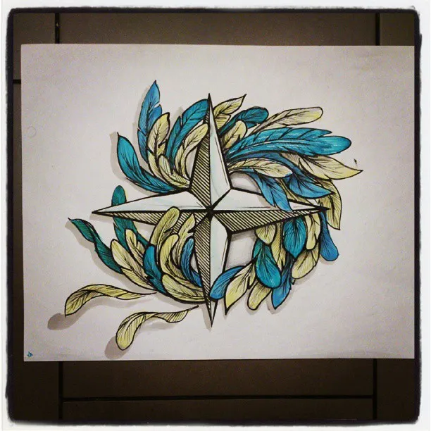 Ink drawing of a four-pointed star surrounded by swirling blue and yellow feathers