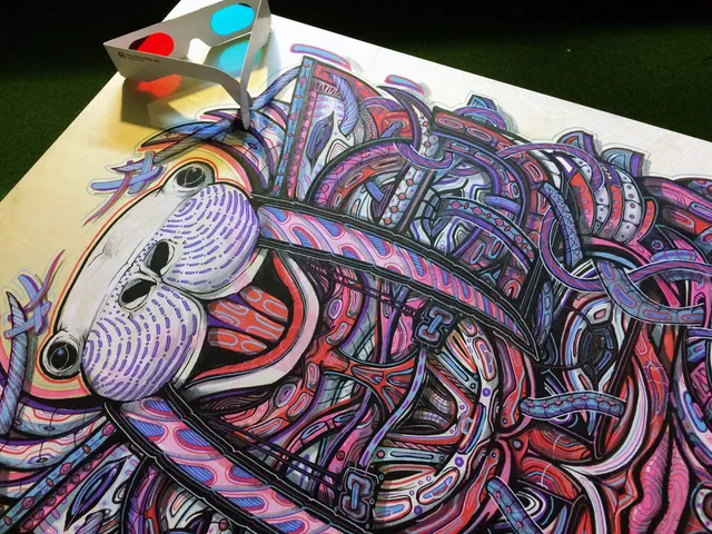Psychedelic illustration of an intricate pink and purple walrus mask with 3D glasses resting on the top edge