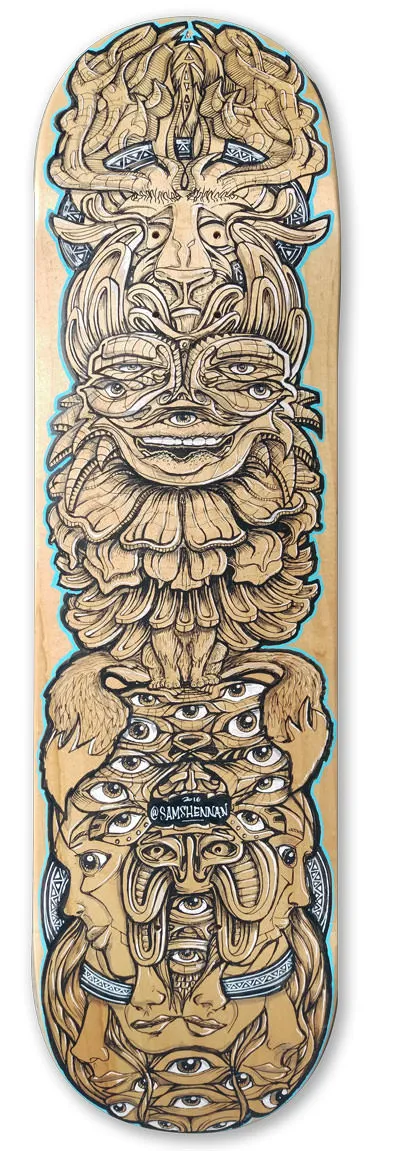 Hand-painted skateboard deck with a totemic stack of psychedelic faces, horns, and multiple eyes outlined in blue