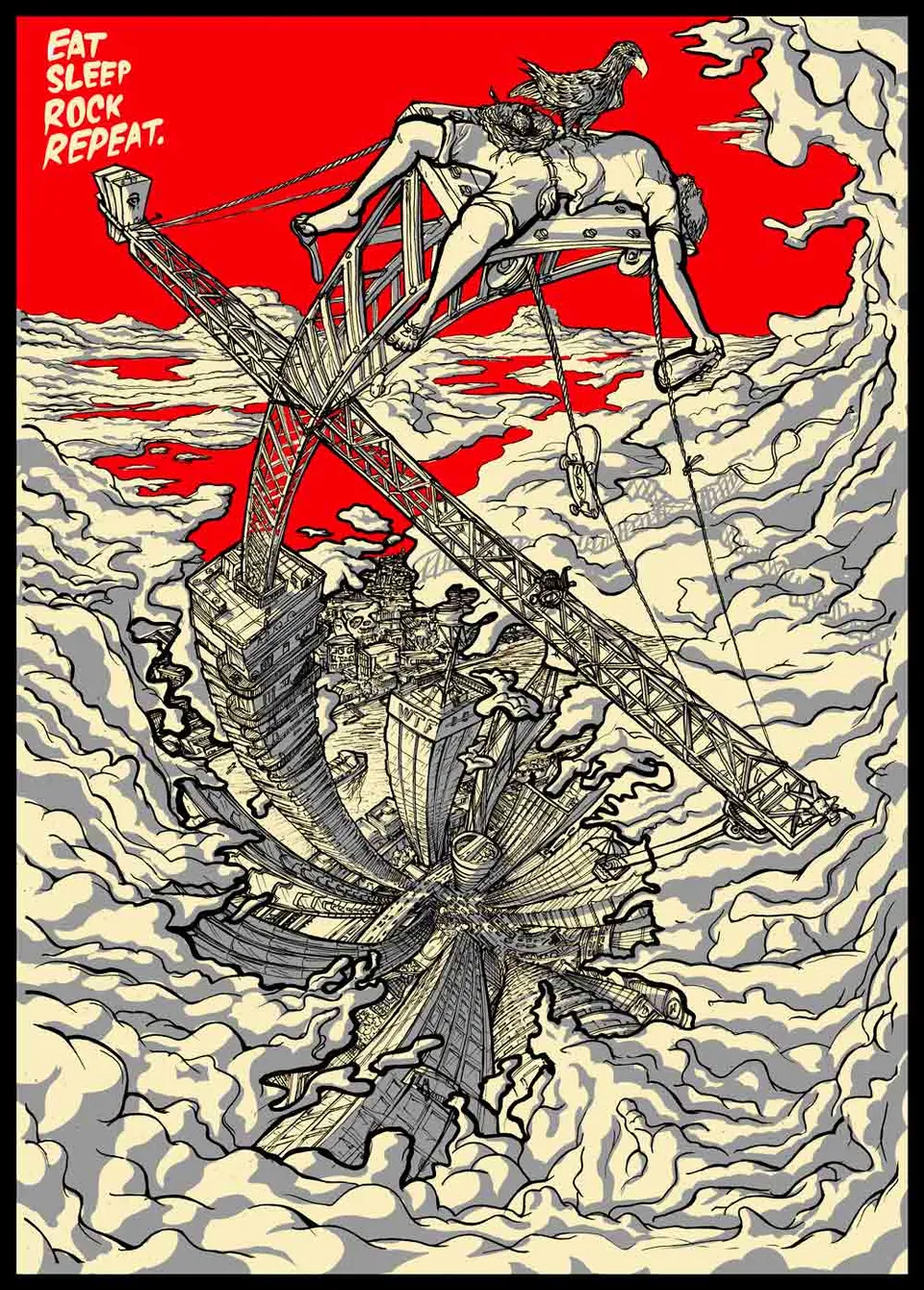 Psychedelic screen print of a person on a crane over a swirling city and clouds, with "EAT SLEEP ROCK REPEAT