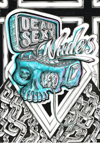 Graphic illustration of an open blue skull with a diving board and DEAD SEXY Nudes text on a geometric background