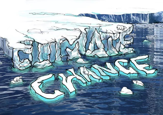 Illustration of an ice cliff spelling CLIMATE and floating ice letters spelling CHANGE, with stranded polar bears