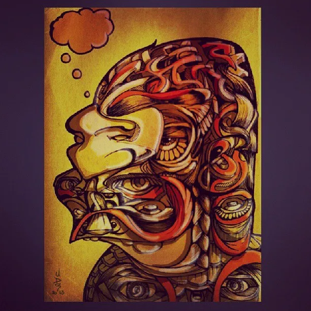 Psychedelic ink drawing of a surreal head in profile formed by swirling lines and multiple eyes, with a thought bubble