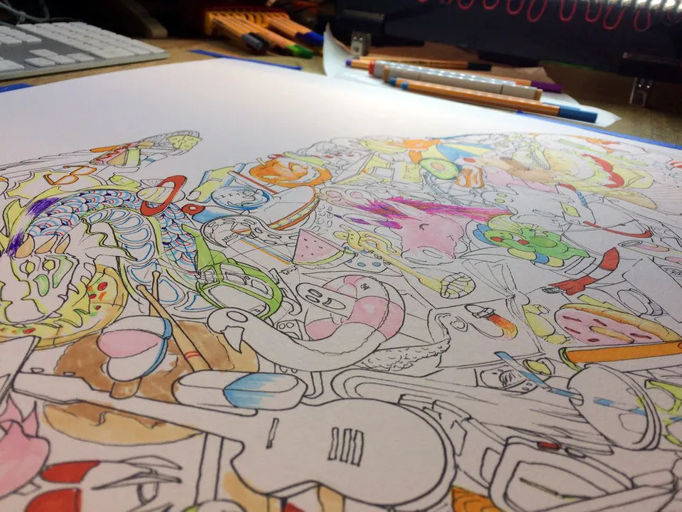 In progress ink drawing for bright colourful psychedelic kids imagination artwork