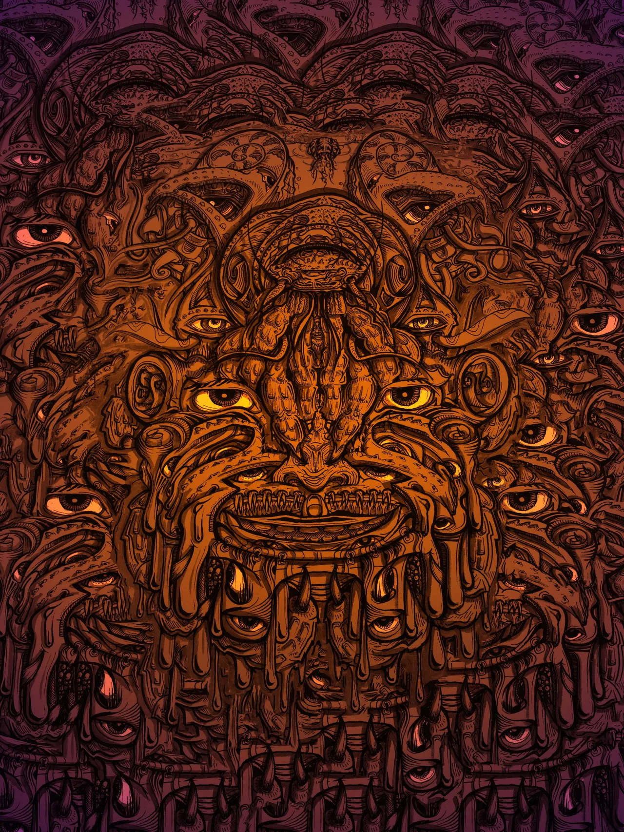 Psychedelic illustration of a symmetrical totemic face made of organic shapes, crustacean details, and multiple eyes