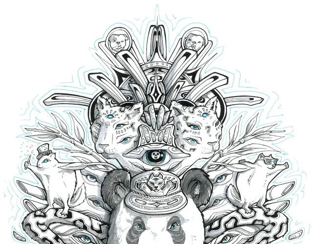 Symmetrical ink drawing of a panda shaman with an elaborate totemic headdress of multi-eyed cats and a skull eye