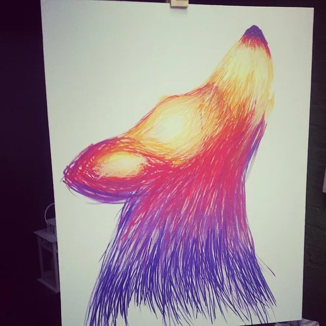 Sketch on canvas of a howling wolf head in profile, drawn with vibrant purple, pink, orange, and yellow lines