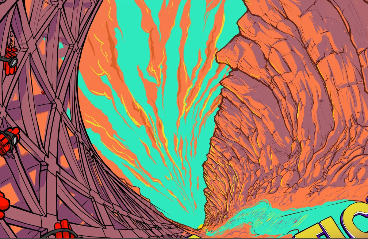 Digital illustration of dynamite on a curving metal structure opposite a rocky cliff under a vivid teal and orange sky