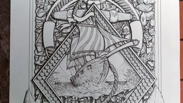 Close up of the ship at the centre of this hand drawn inky poster design