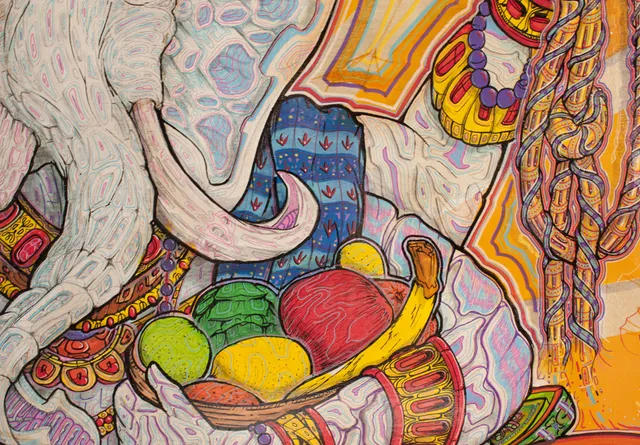 Detailed illustration of Ganesh holding a bowl of colorful fruit, featuring intricate psychedelic line work