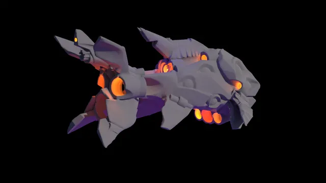 3D render of a grey robotic fish with angular armor plates and glowing orange thrusters