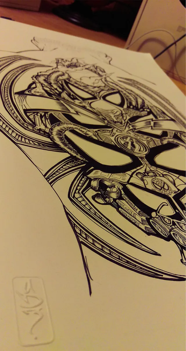 Intricate black ink drawing of a stylized Spider-Man mask filled with complex mechanical motifs and hidden text