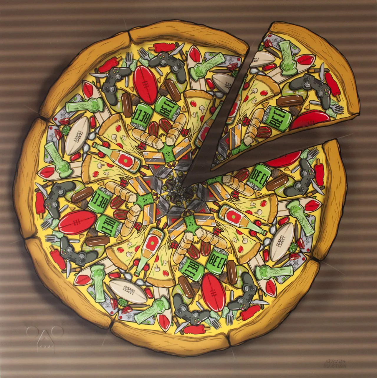Illustration of a sliced pizza topped with a radial pattern of beer cans, game controllers, bongs and footballs
