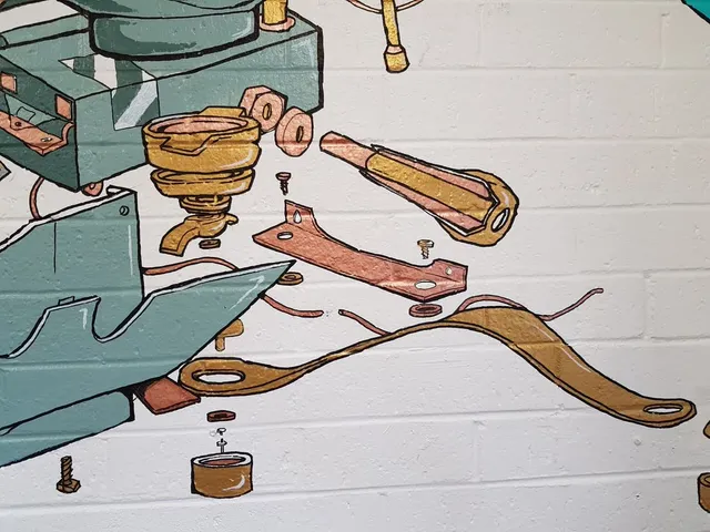 Mural on white brick depicting an exploded diagram of espresso machine parts in teal, gold and copper