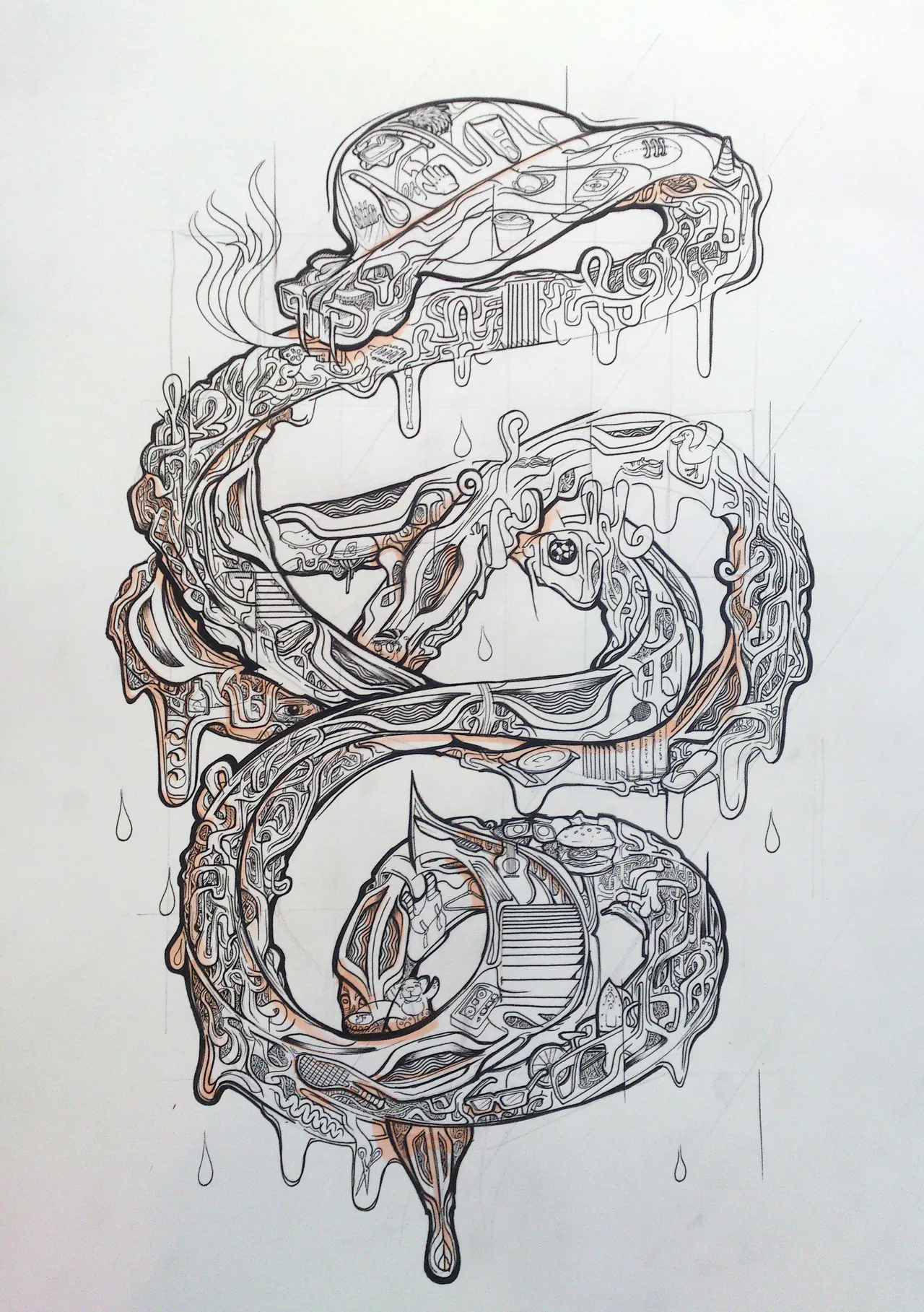 Psychedelic ink drawing of a coiled snake filled with intricate objects, dripping lines, and orange accents