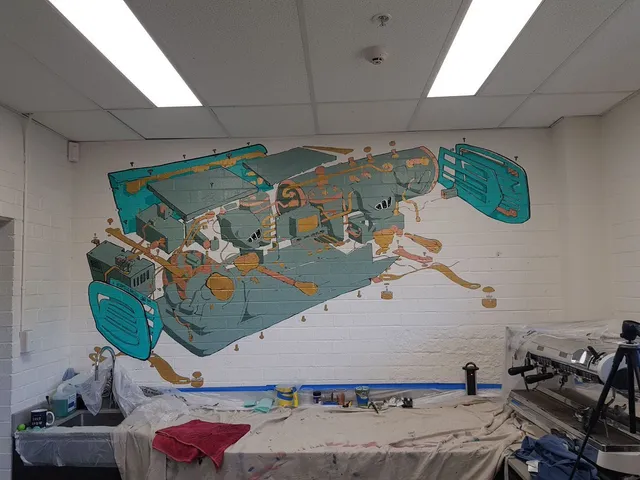 Mural on a white brick wall depicting an exploded technical view of an espresso machine in teal and orange
