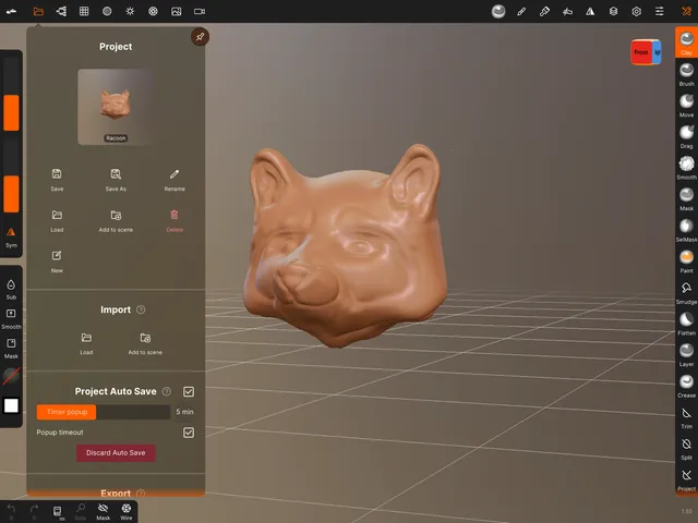 3D digital sculpt of a clay raccoon head shown within a sculpting software interface