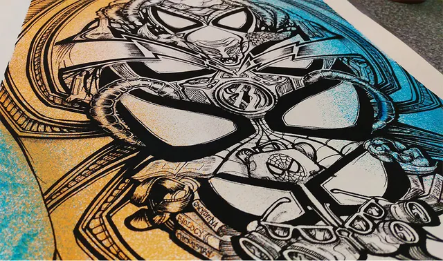 Angled print of a stylized Spider-Man mask with intricate black line work over a yellow to blue gradient