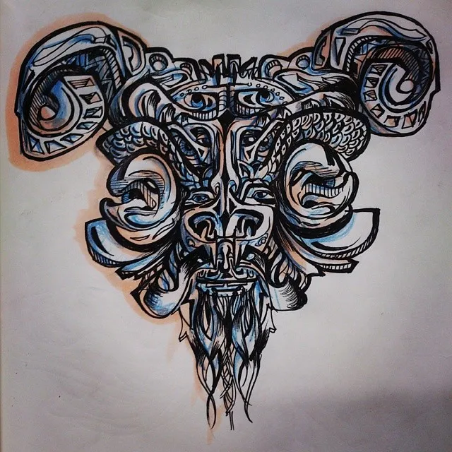 Ink drawing of a symmetrical totemic ram mask with curled horns, a beard, bold lines, and blue shading