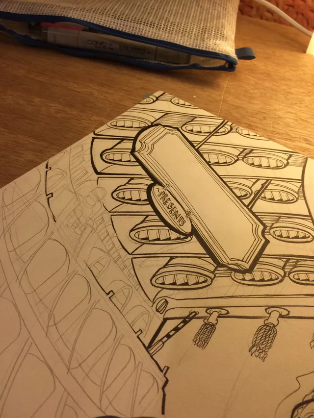 Ink and pencil sketch of a tiered structure with oval windows and a sign reading PRESENTS