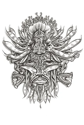 Black and white ink drawing of a symmetrical psychedelic totemic mask with a human face and a multi-eyed headdress