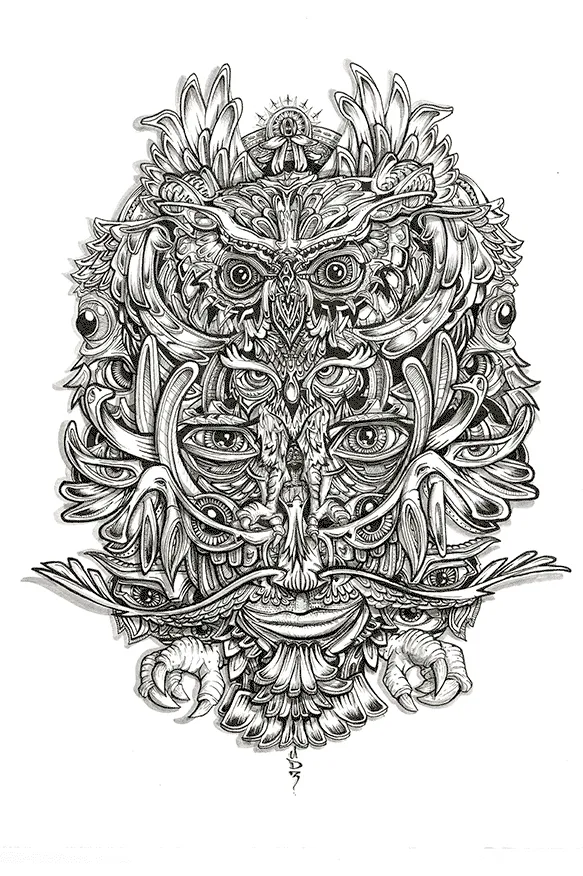 Black ink drawing of an intricate, symmetrical totemic mask blending an owl, a human face, multiple eyes and talons