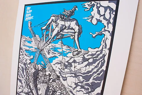 Screenprint of a figure perched on a precarious wooden tower above clouds with a large bird resting on their back