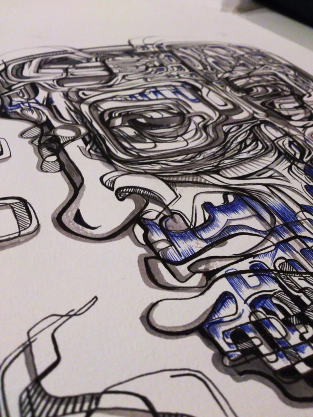 Close-up black and blue ink drawing of a psychedelic abstract face in profile with an eye and intricate bold linework